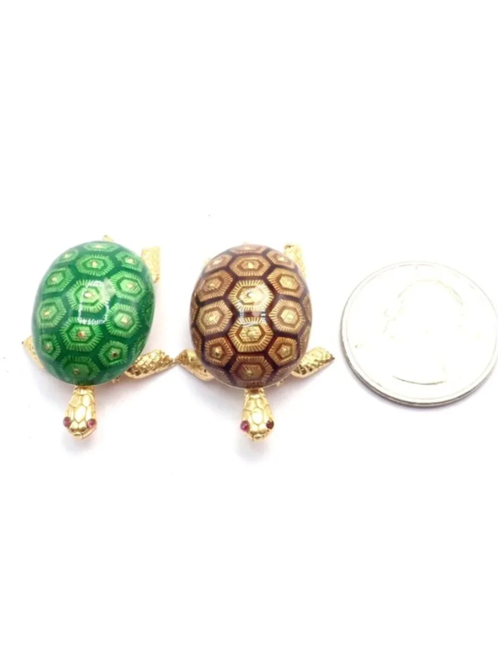 Vintage! Boucheron France 18k Yellow Gold Enamel Set Of Two Turtle Brooches
